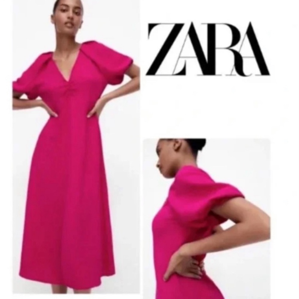 Zara Pink Balloon Sleeve Fuchsia Cocktail Dress